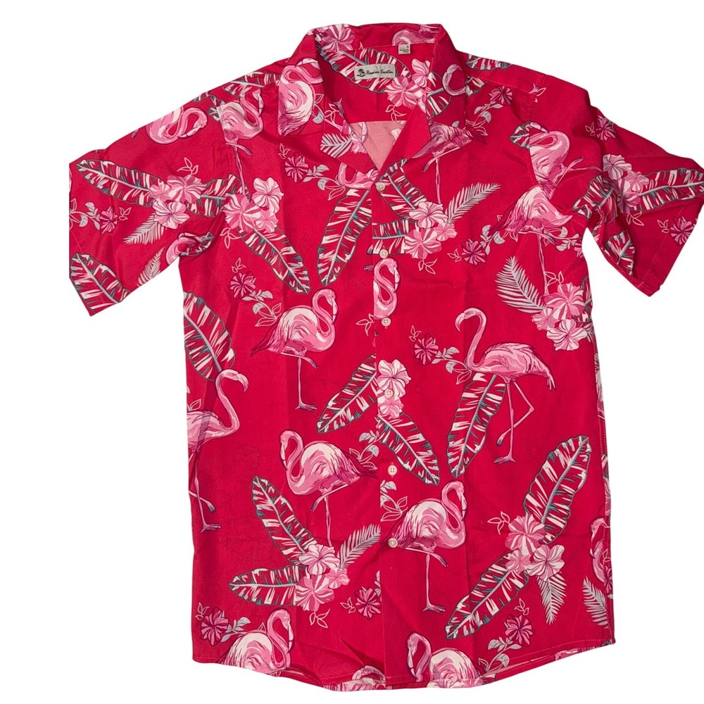 Hawaiian Vacation Mens Fuchsia‎  Flamingo Tropical Button Up Shirt Size S NEW